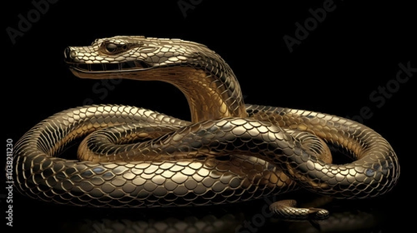 Obraz 3D gold snake for 2025 Chinese New Year. Full body, Chinese style, black background, with alpha path. Perfect for zodiac, Lunar New Year designs, and premium projects.