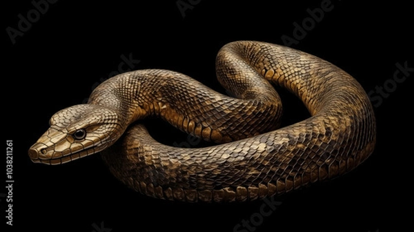 Obraz 3D gold snake for 2025 Chinese New Year. Full body, Chinese style, black background, with alpha path. Perfect for zodiac, Lunar New Year designs, and premium projects.