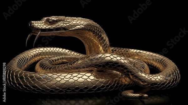 Obraz 3D gold snake for 2025 Chinese New Year. Full body, Chinese style, black background, with alpha path. Perfect for zodiac, Lunar New Year designs, and premium projects.
