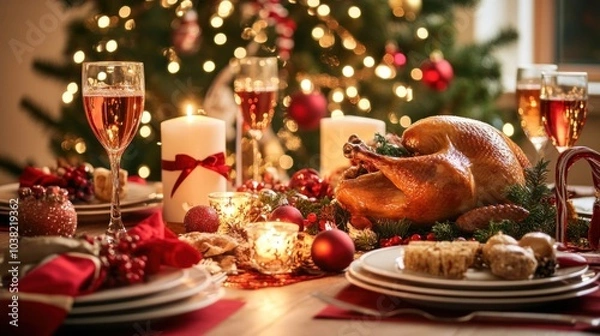 Obraz Christmas Gathering at Home, where family and friends come together for a cozy and festive holiday meal. The table is set with a roast turkey, and the atmosphere is filled with love and laughter