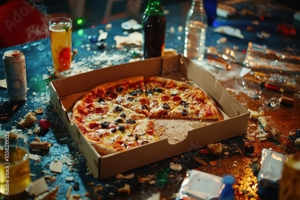 Fototapeta Messy Table for Fun Celebration: Morning After Birthday Party with Pizza Box and Beverages