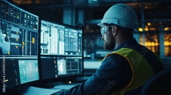 Fototapeta Electric power plant control room staff, managing complex systems and monitoring data to maintain safe and efficient power generation. The team ensures the plant operates within required parameters