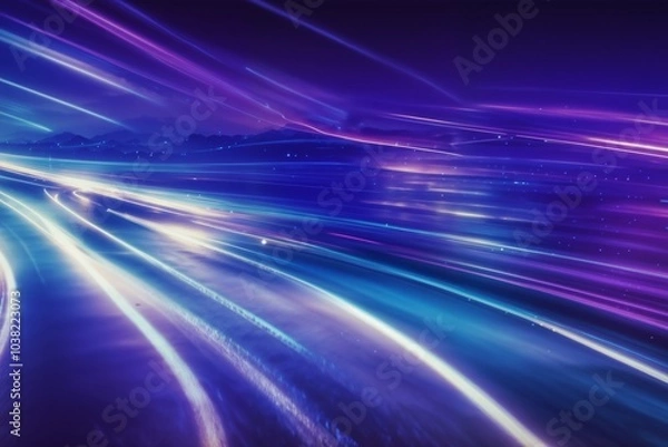 Fototapeta Futuristic purple and blue light trails on a highway at night, creating a dynamic and fast-paced atmosphere.