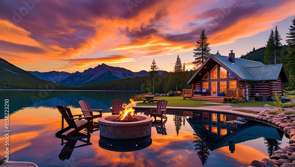 Fototapeta Sunset Reflections A Mountain Cabin by a Tranquil Lake, Featuring a Fire Pit and Comfortable Seating, with a Sky Painted in Orange and Purple Hues Reflecting on the Calm Water