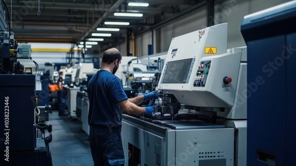 Fototapeta Workers and engineers setting up CNC machinery on production line, collaborating to ensure machines are properly calibrated and ready for optimal performance in the manufacturing process
