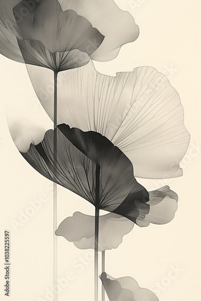 Fototapeta grayscale botanical artwork featuring long-stemmed leaves with smooth gradients and soft shadows