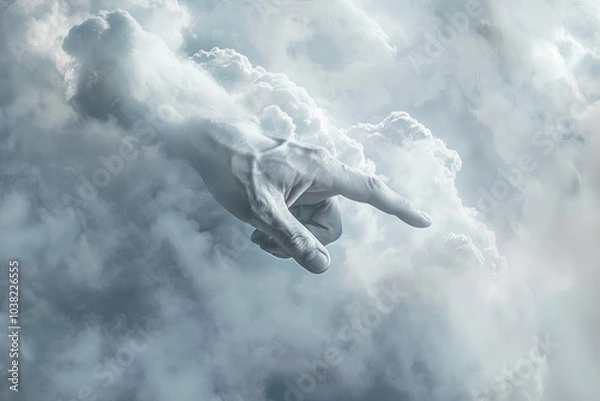 Fototapeta clouds surrounding gods hand pointing down to earth, divine interaction, dreamy atmosphere, fantasy, photorealistic