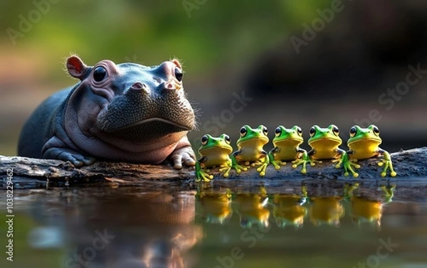 Fototapeta A delightful 3D portrayal of a baby pygmy hippo curiously observing a small group of Thai frogs, with a sense of wonder in its expression