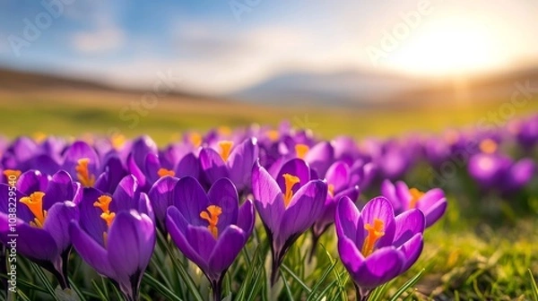 Fototapeta Sunlit field of bright purple and yellow crocuses in early spring, with a wide-angle view capturing the full spread of flowers across the landscape 