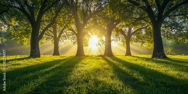 Obraz The sun is shining through a group of trees, casting light on the grass and creating beautiful shadows.