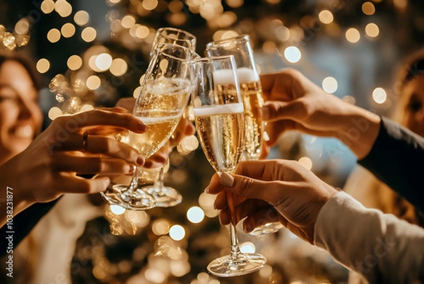 Obraz A group of friends toasting with champagne glasses, dressed in formal attire, with a festive background of glittering lights
