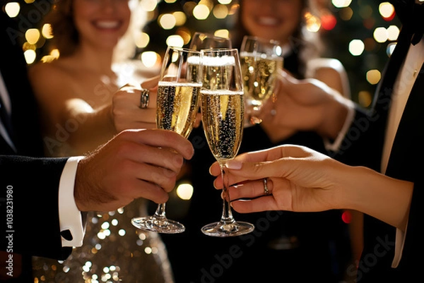 Obraz A group of friends toasting with champagne glasses, dressed in formal attire, with a festive background of glittering lights