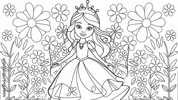Obraz Coloring page outline illustration design girls hand drawn illustration of a princess illustration of a princess 