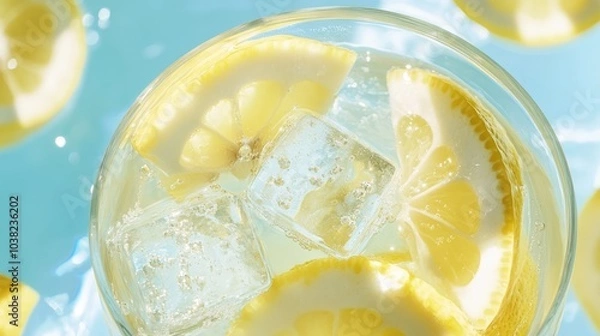 Fototapeta Refreshing Lemonade with Ice and Lemon Slices