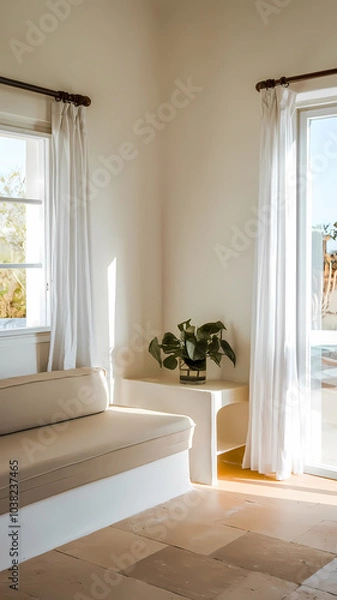 Fototapeta Bright and airy interior featuring a cozy beige bench, flowing white curtains, and a lush green plant by a sunlit window, creating a serene and inviting atmosphere.