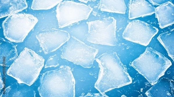 Fototapeta Ice cubes on a blue background, perfect for cooling beverages.