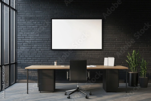 Fototapeta modern office space featuring sleek wooden desk, black ergonomic chair, and large blank wall for presentations. minimalist design creates professional atmosphere
