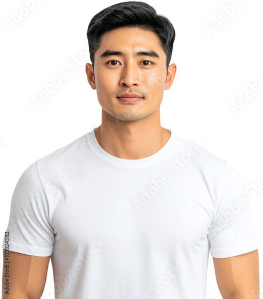 Fototapeta Portrait of a young Asian man in a simple white t shirt, neutral expression, against a black background.