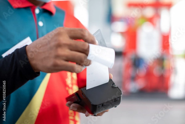 Fototapeta Hand of cashier pull slip from credit card reader with blurry gas station background.  Buy and sell products & service. The concept of payment in gas station.