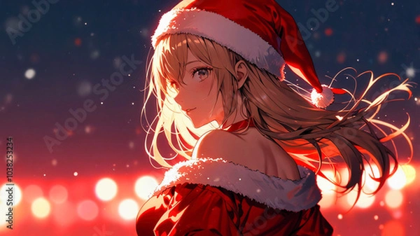 Obraz サンタクロースの服を着たアニメ調の美少女