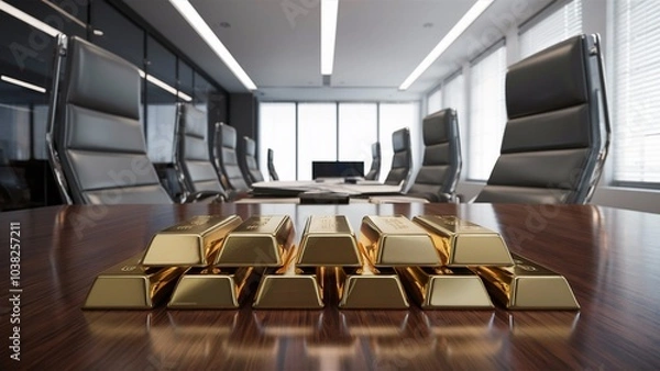Fototapeta Gold Bars Displayed in Modern Financial Office