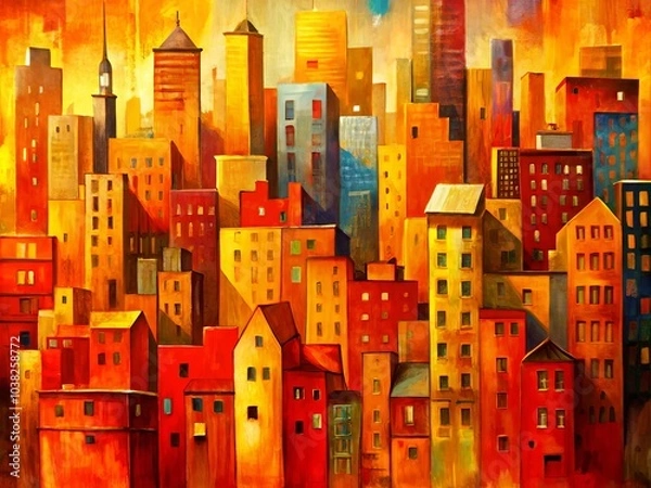 Fototapeta Vibrant Cityscape Abstract Art with Warm Hues - Dynamic Urban Landscape, Colorful Skyline, Modern Architecture, Artistic Composition, Warm Tones, Creative City View, Urban Abstract, Bright Colors