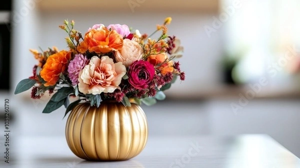 Obraz A golden pumpkin vase filled with an autumnal arrangement of vibrant artificial flowers rests on a kitchen table counter against a white modern kitchen backdrop. Thanksgiving and Halloween decorations