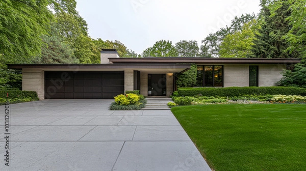 Obraz Contemporary house with modern design surrounded by lush greenery in a serene residential area