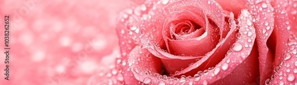 Fototapeta Pink rose with dew drops on petals, soft focus, delicate and fresh appearance.