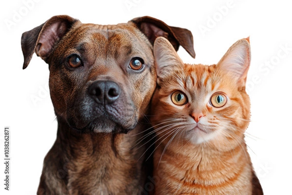 Fototapeta Close up portrait of a dog and a cat standing together and looking at camera isolated on a cutout PNG transparent background