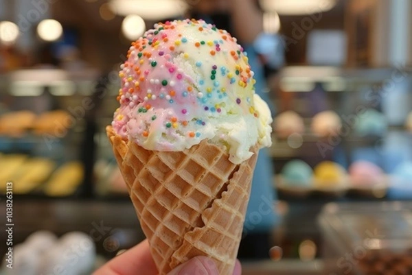 Fototapeta Person holding a delicious ice cream cone with sprinkles, with a blurred ice cream shop in the background