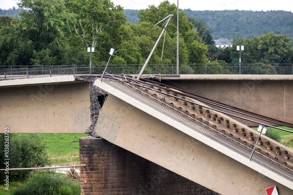 Fototapeta Naher Blick auf eine der Bruchstellen der teileingestürzten Carolabrücke in Dresden, direkt am nächsten Morgen nach dem nächtlichen Einsturz vom Elbeufer aus – viel Copy Space