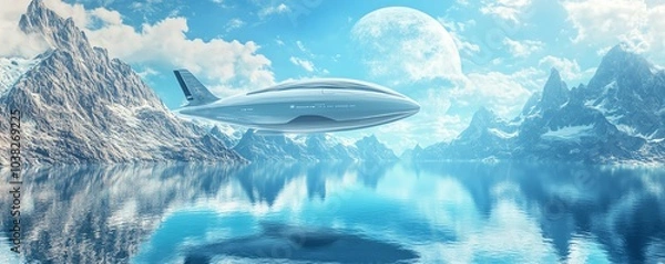 Obraz Futuristic spaceship flying over a snowy mountain range with a bright blue sky and white clouds.
