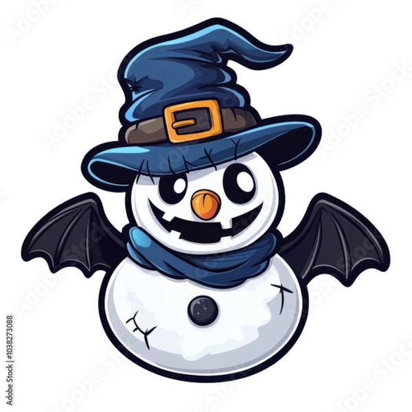 Fototapeta Playful snowman wearing a witch hat and bat wings, perfect for Halloween-themed designs. Isolated on transparent background.
