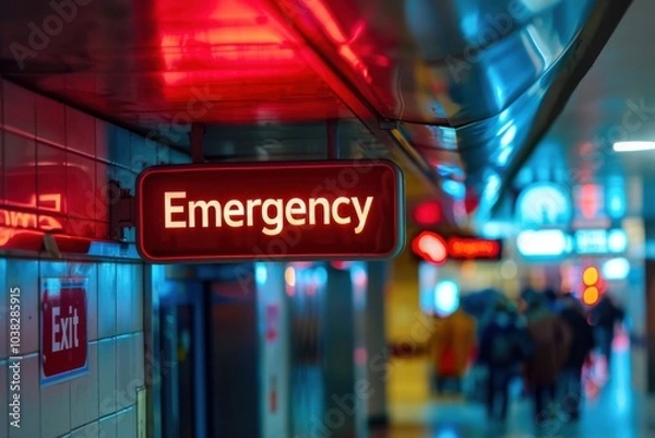 Fototapeta A prominent sign reading "Emergency Exit" in bold sans serif font, located in public buildings to guide people in case of emergencies 