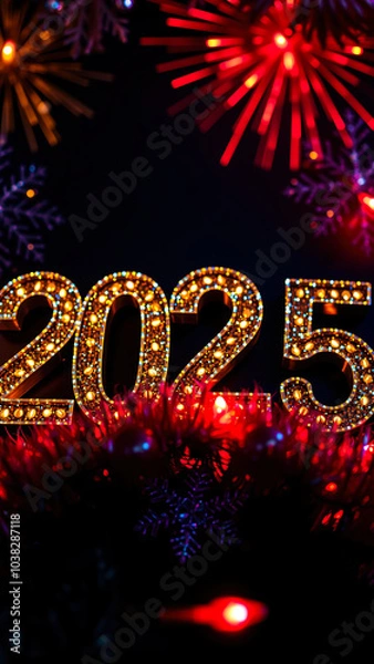 Fototapeta illuminated 2025 number with blurred lights