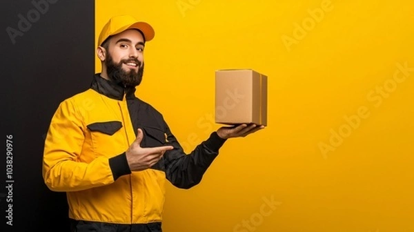 Fototapeta Delivery expert with package presentation