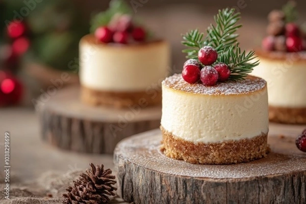 Obraz holiday dessert display, mini cheesecakes displayed on a rustic wooden table with christmas decorations in the background and space for text