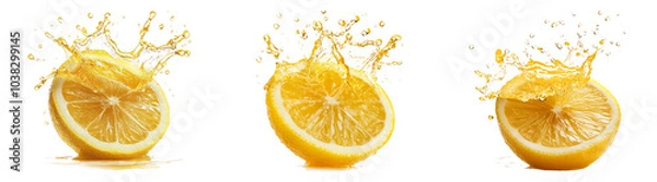 Fototapeta Realistic lemon halves with water splashes isolated on transparent background perfect for refreshing drink packaging or food product advertisements