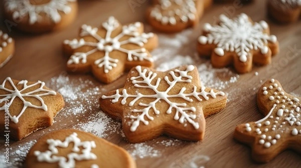 Fototapeta Close-up of Decorated Gingerbread Cookies with Snowflake and Dot Designs