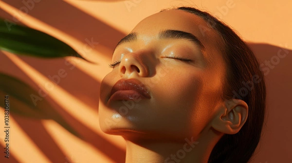 Fototapeta Radiant woman with glowing skin enjoying self care moment against warm orange background, surrounded by soft shadows and greenery