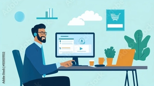 Fototapeta Customer Support Representative Using a Computer