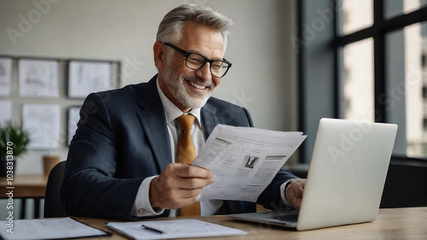 Obraz Happy busy older professional businessman entrepreneur using laptop holding bill corporate document in office. 50 years old man executive manager or business owner reading paper working on computer