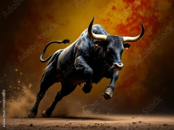 Obraz Bull in motion on textured background with colors of Spain flag. Animal symbol of country, national pride, celebration concept.
