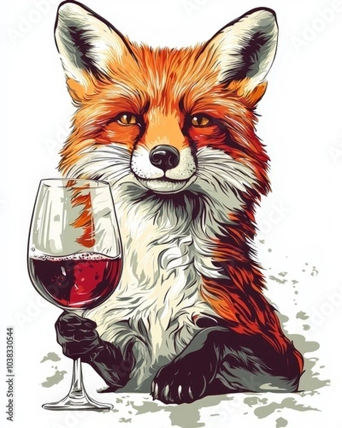 Fototapeta Charming Fox Enjoying Wine Tasting with a Glass of Red in Hand - Illustrated Art