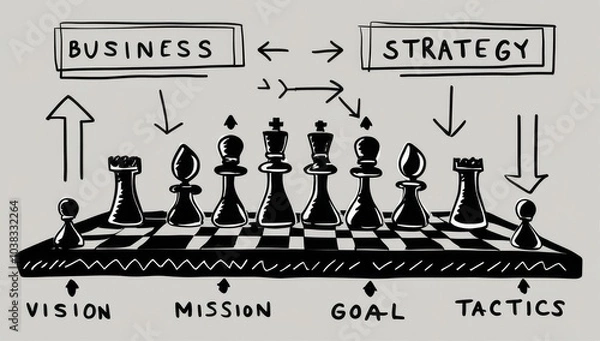 Fototapeta A hand-drawn illustration depicting a chessboard with chess pieces representing different aspects of business strategy, including vision, mission, goal, tactics, and the relationship between business 