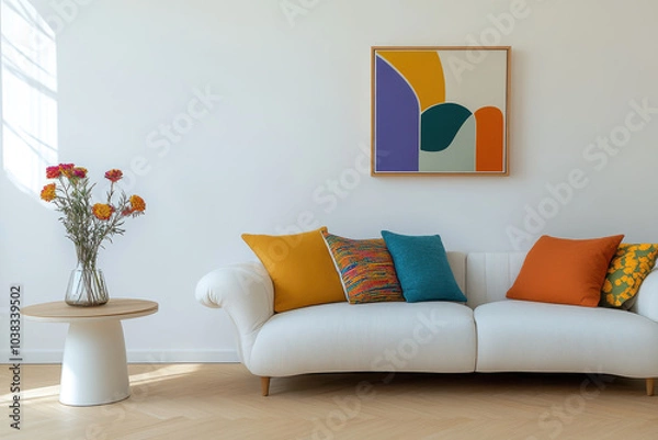 Fototapeta modern living room featuring stylish white sofa adorned with colorful cushions, complemented by round wooden table and vibrant flower vase. artwork on wall adds touch of creativity and warmth