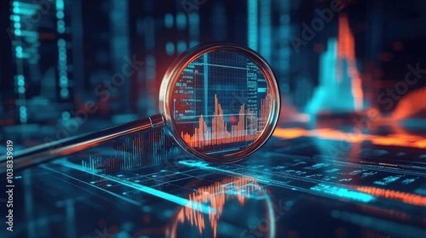 Fototapeta Magnifying glass over a graph, idea and business growth, 3D illustration 