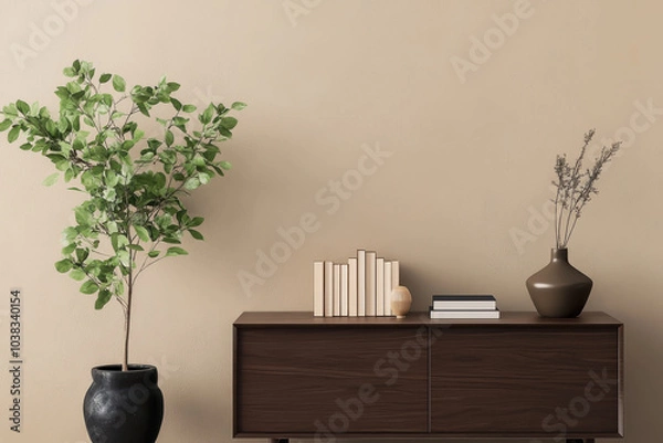 Fototapeta stylish interior scene featuring wooden sideboard with decorative items, potted plant, and minimalist vase. warm beige wall enhances serene atmosphere
