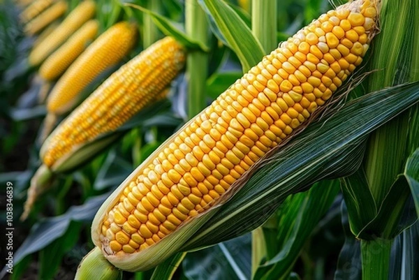 Fototapeta Corn plantation field with corn cobs still on the stalk, vibrant green plants stretching across the landscape, with golden corn kernels visible, ready for harvesting